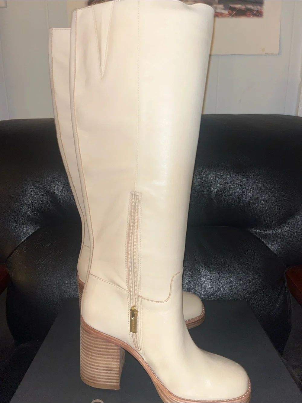 Vince Camuto Cream Leather Over-the-Knee Block Heel Boots